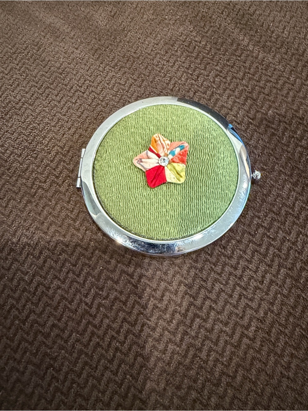 Green Compact Mirror with Multicolor Flower Accent - Women Skincare Tool